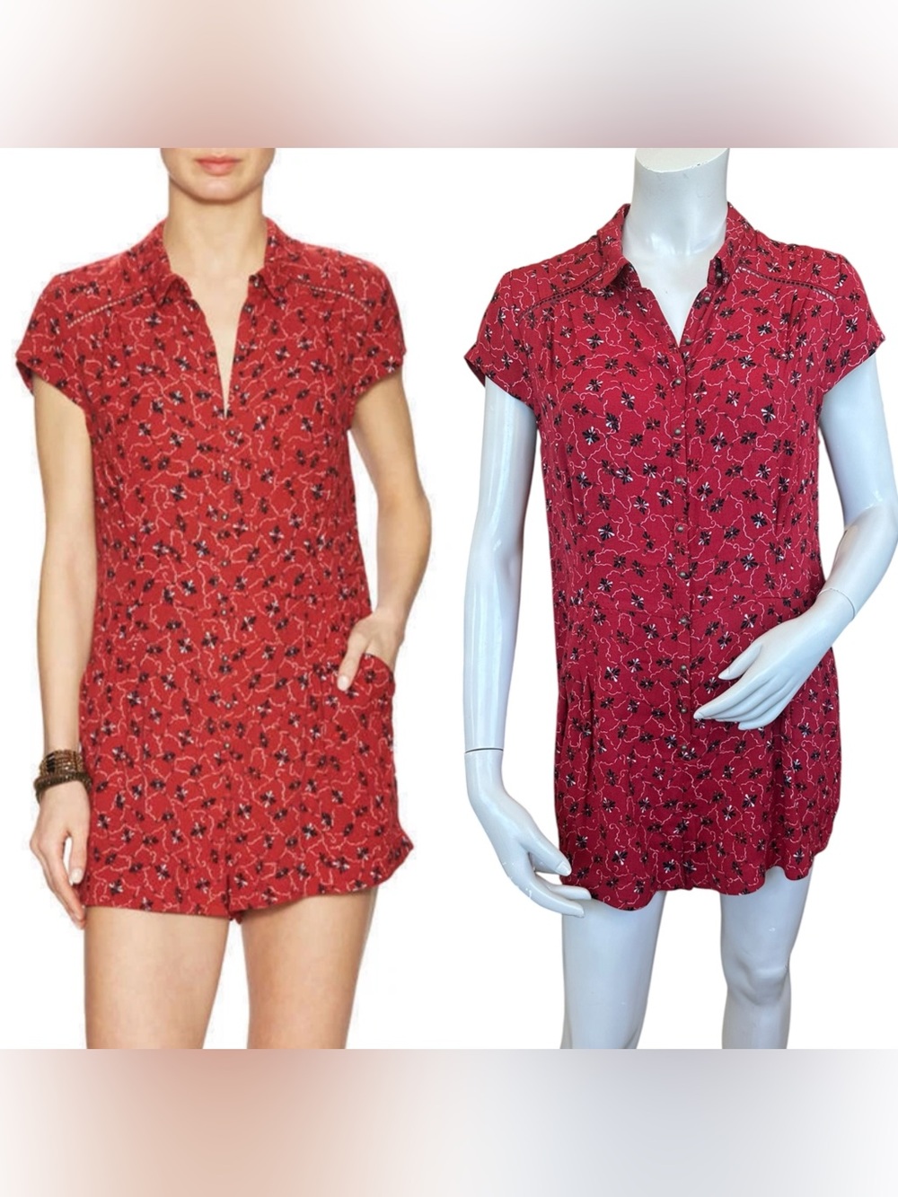 Free People Red & Blue Floral Print Debby Mini Short Sleeve Romper Size Small